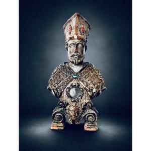 Carved, Lacquered, And Polychrome Wooden Reliquary Bust Of A Bishop – Italy, 18th Century