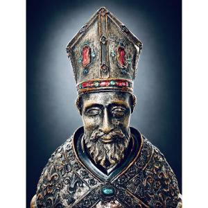 Carved, Lacquered, And Polychrome Wooden Reliquary Bust Of A Bishop – Italy, 18th Century