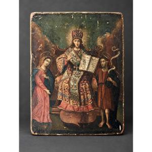 18th-century Russian Icon – Christ In Majesty, The Virgin Mary, And Saint John The Baptist – Deesis