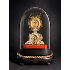 Reliquaire de la Vraie Croix en argent – Authentique épiscopale de 1840 – Sous globe de verre