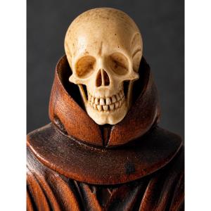 Memento Mori – Franciscan Monk With A Skull – Carved Wood And Ivory – Religious Art