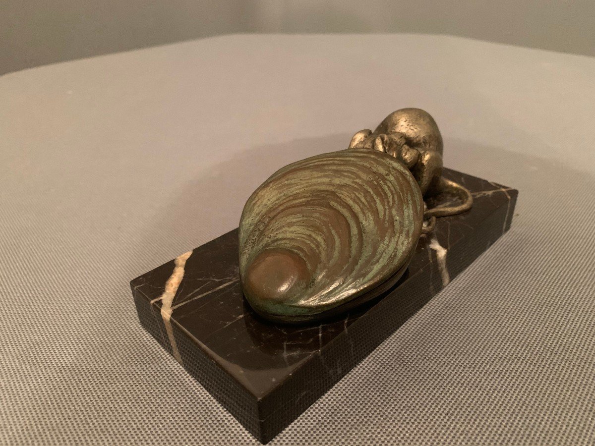 Bronze de Louis Carvin (1875-1951) "Le Rat et l'Huître"-photo-2