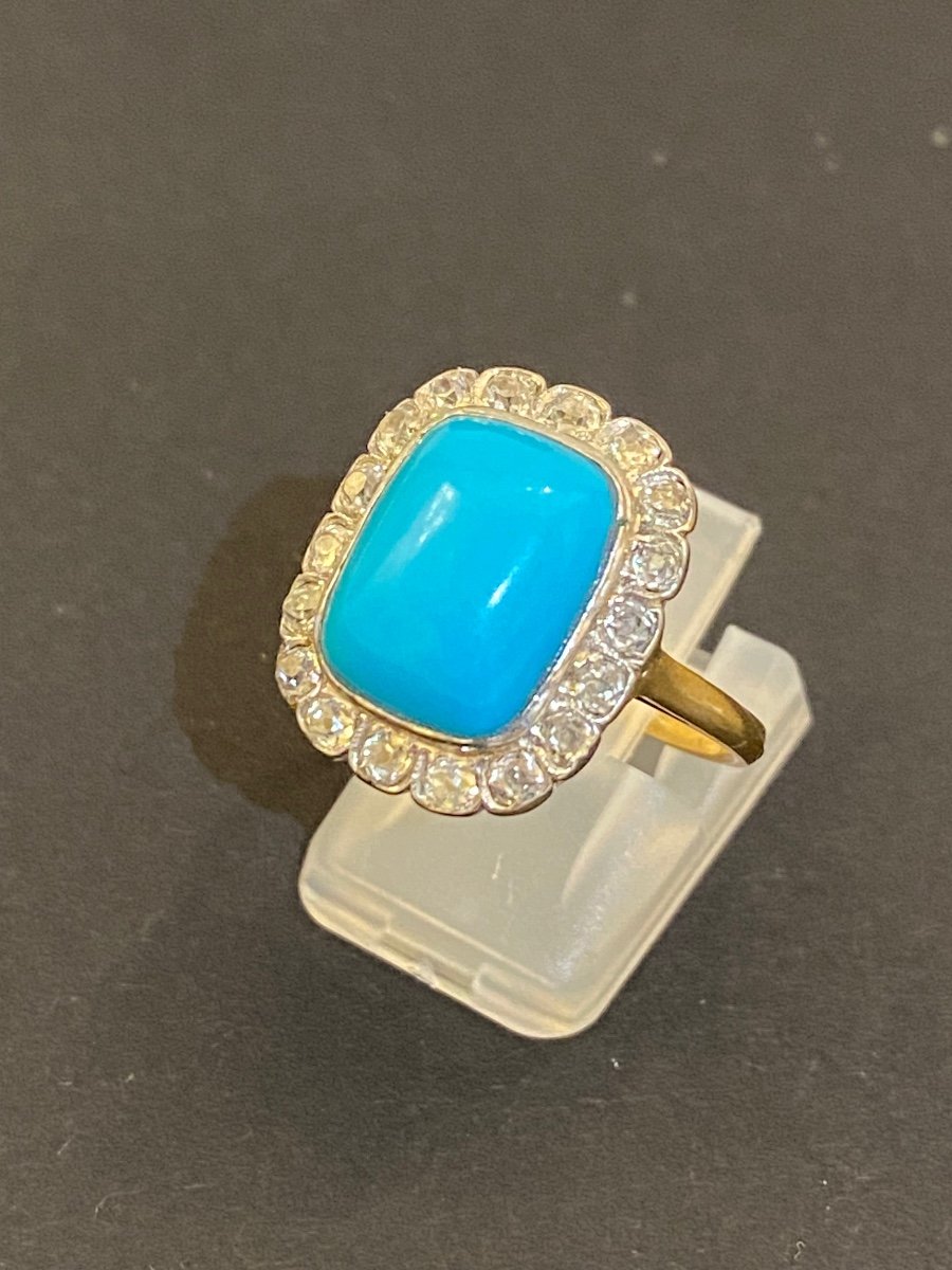 Bague Style Art Deco En Or, Turquoise Et Diamants-photo-2