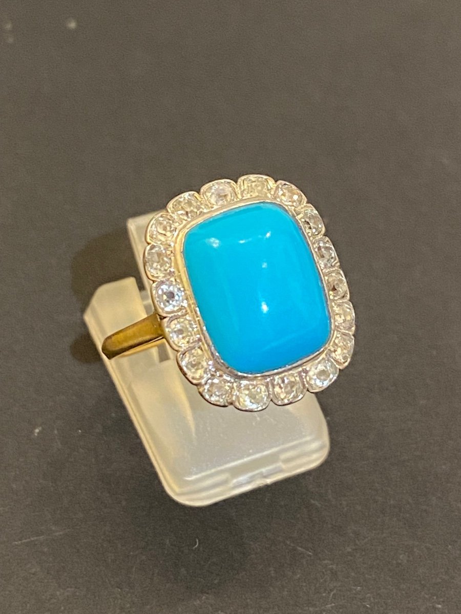 Bague Style Art Deco En Or, Turquoise Et Diamants-photo-2