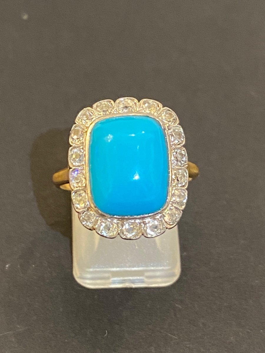 Bague Style Art Deco En Or, Turquoise Et Diamants