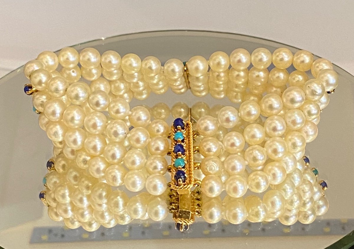 Old Bracelet Four Rows Of Cultured Pearls, Gold Clasp