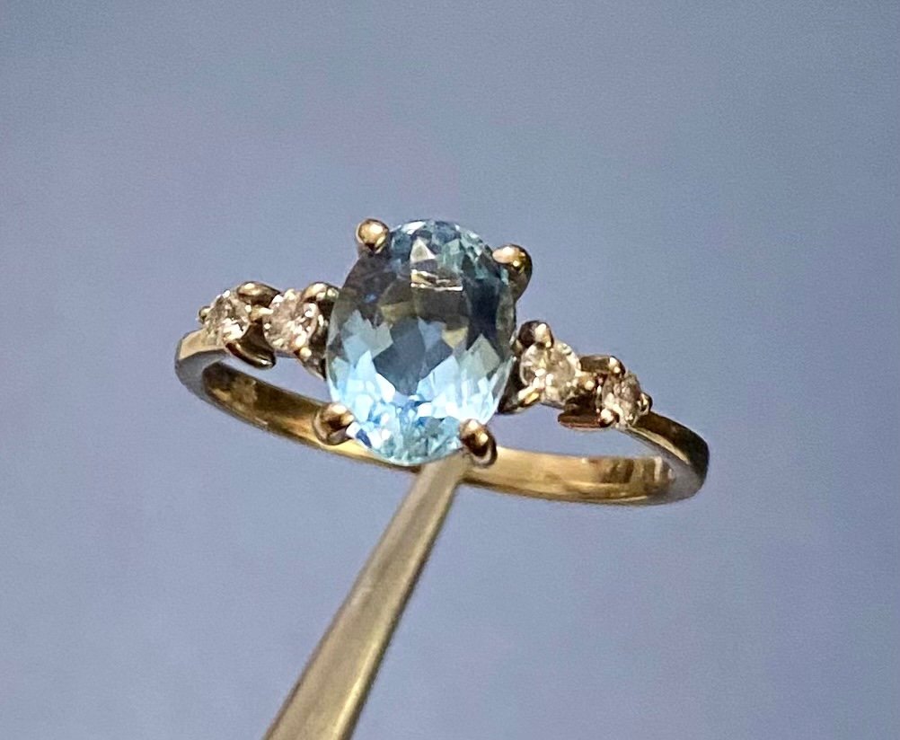 Bague Or, Aigue Marine Et Diamants
