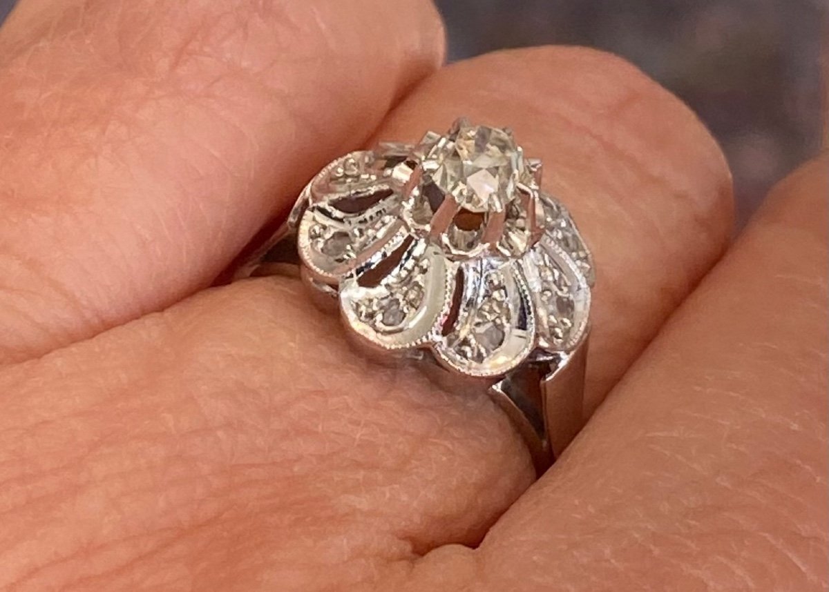 Bague Ancienne En Or Gris 750/1000 Eme Et Diamants-photo-3