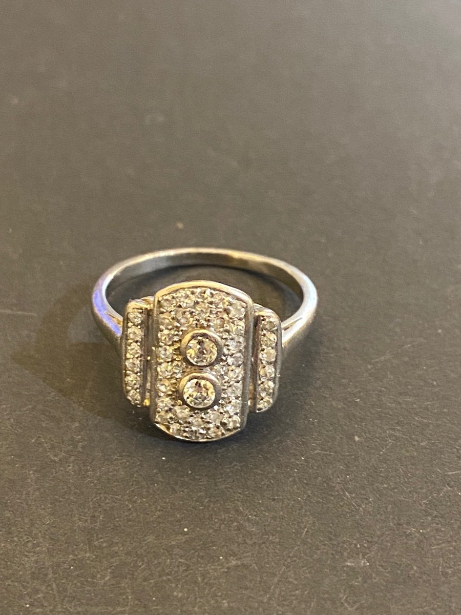 Old Art Deco Style Ring In 850/1000 Eme Platinum And Diamonds-photo-6