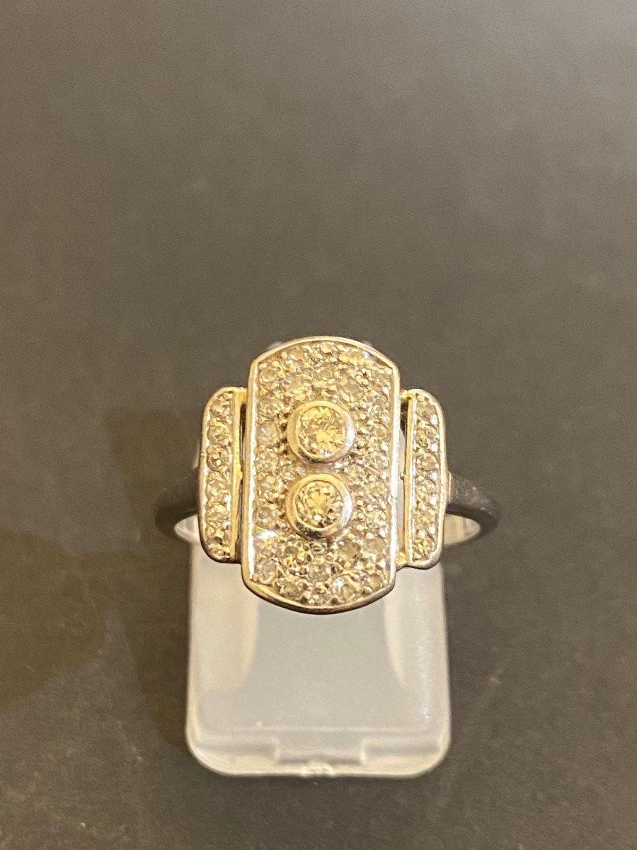 Old Art Deco Style Ring In 850/1000 Eme Platinum And Diamonds-photo-8
