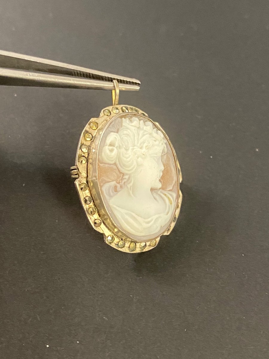 Ancienne Broche-pendentif En Argent Et Camee Coquille-photo-2