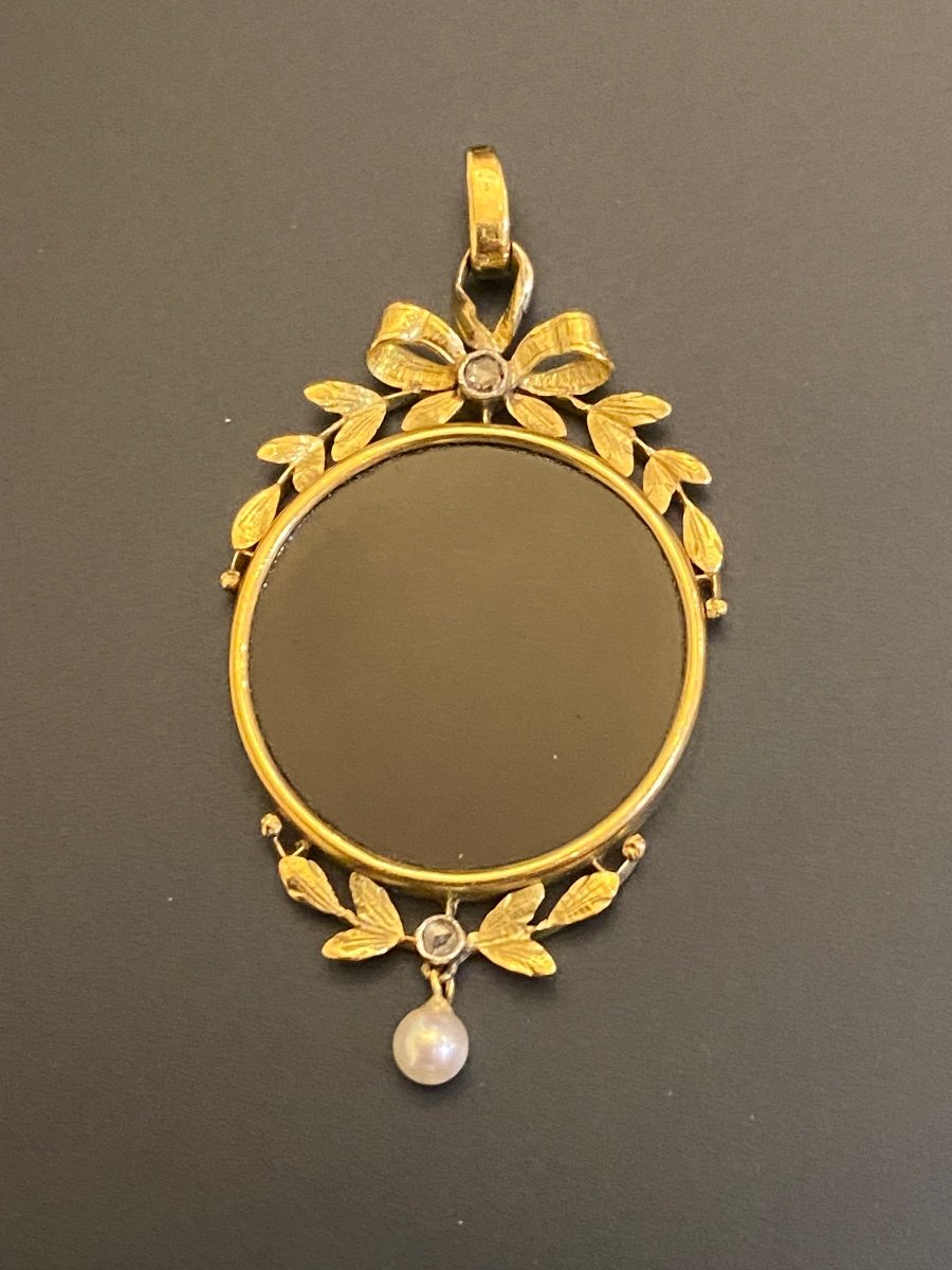 Ancien Pendentif Art Nouveau En Or , Onyx, perle et  Diamants-photo-2