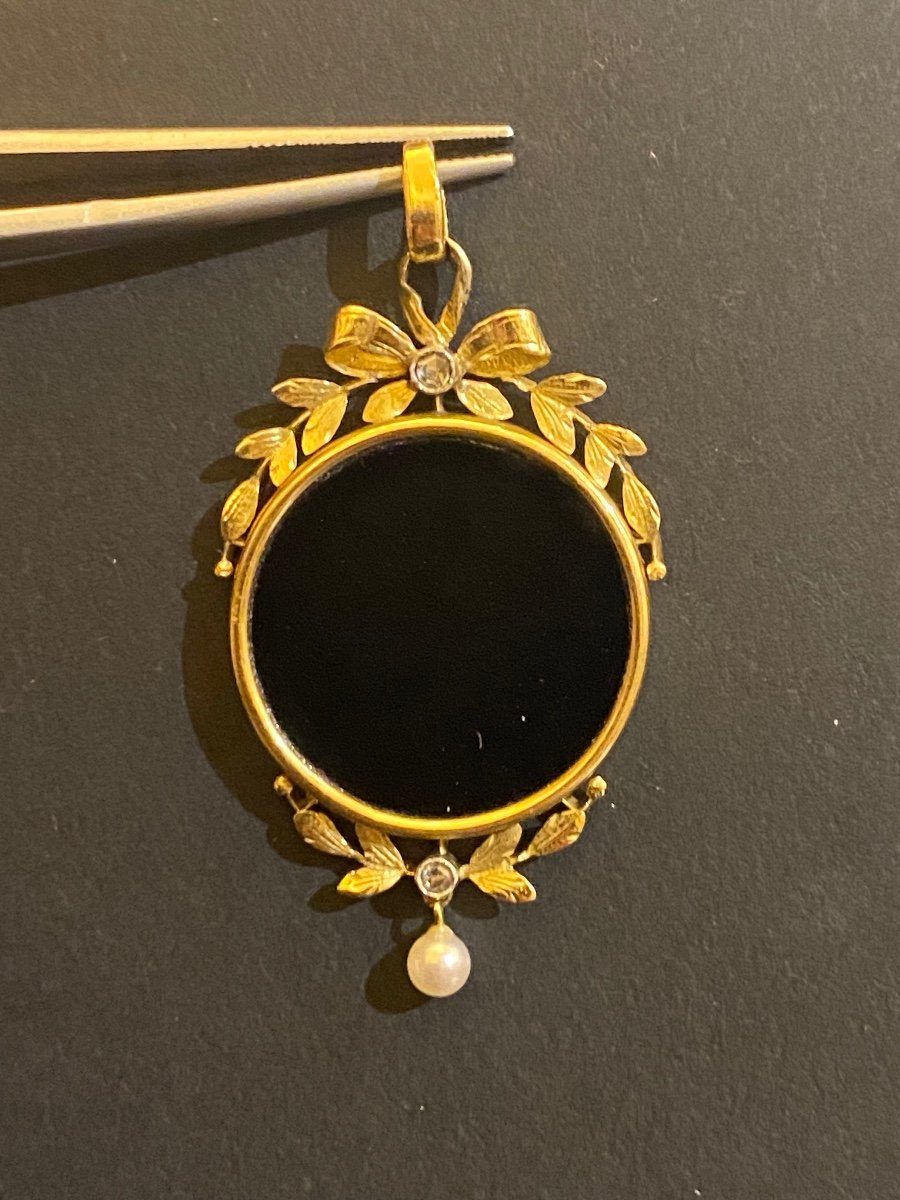 Ancien Pendentif Art Nouveau En Or , Onyx, perle et  Diamants-photo-3