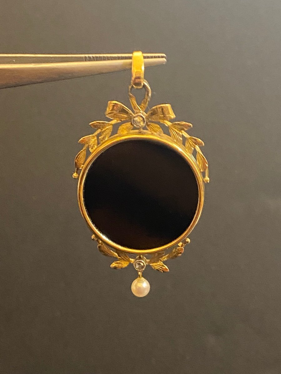 Ancien Pendentif Art Nouveau En Or , Onyx, perle et  Diamants-photo-3