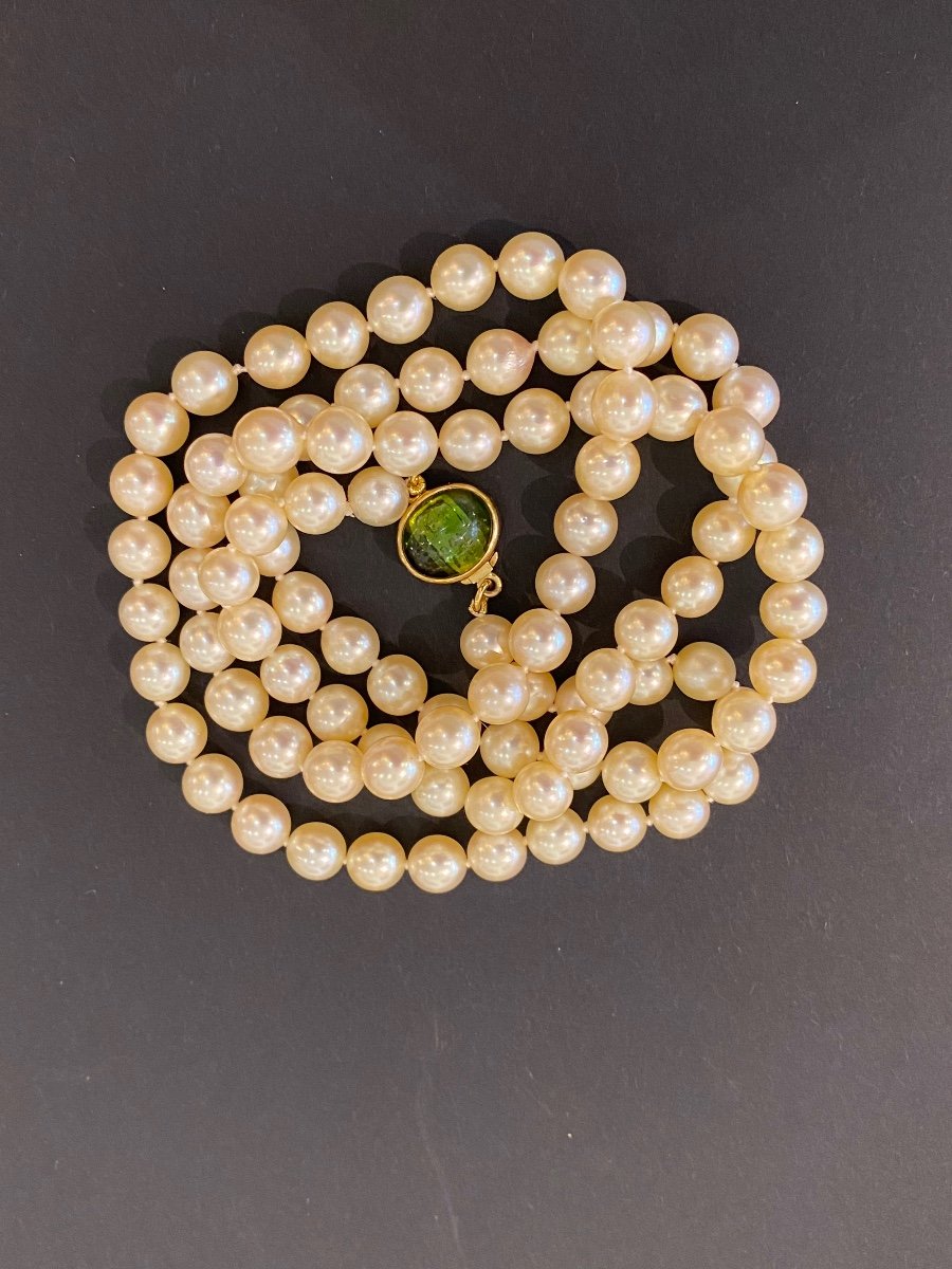 Importât Sautoir  De Perles De Culture, Fermoir Or Orné d'Une Tourmaline Verte-photo-2