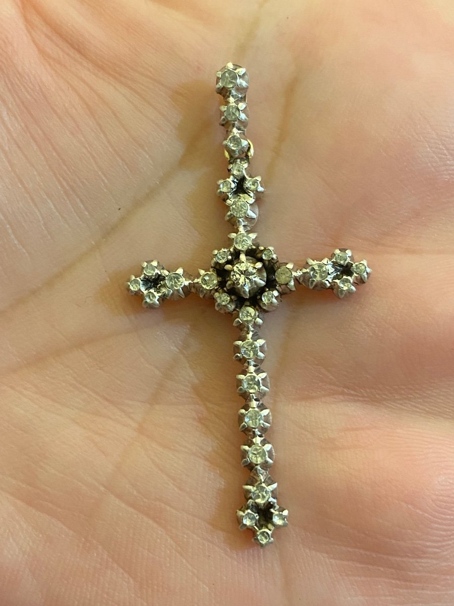 Ancienne Croix Argent Et Pierres Blanches-photo-3