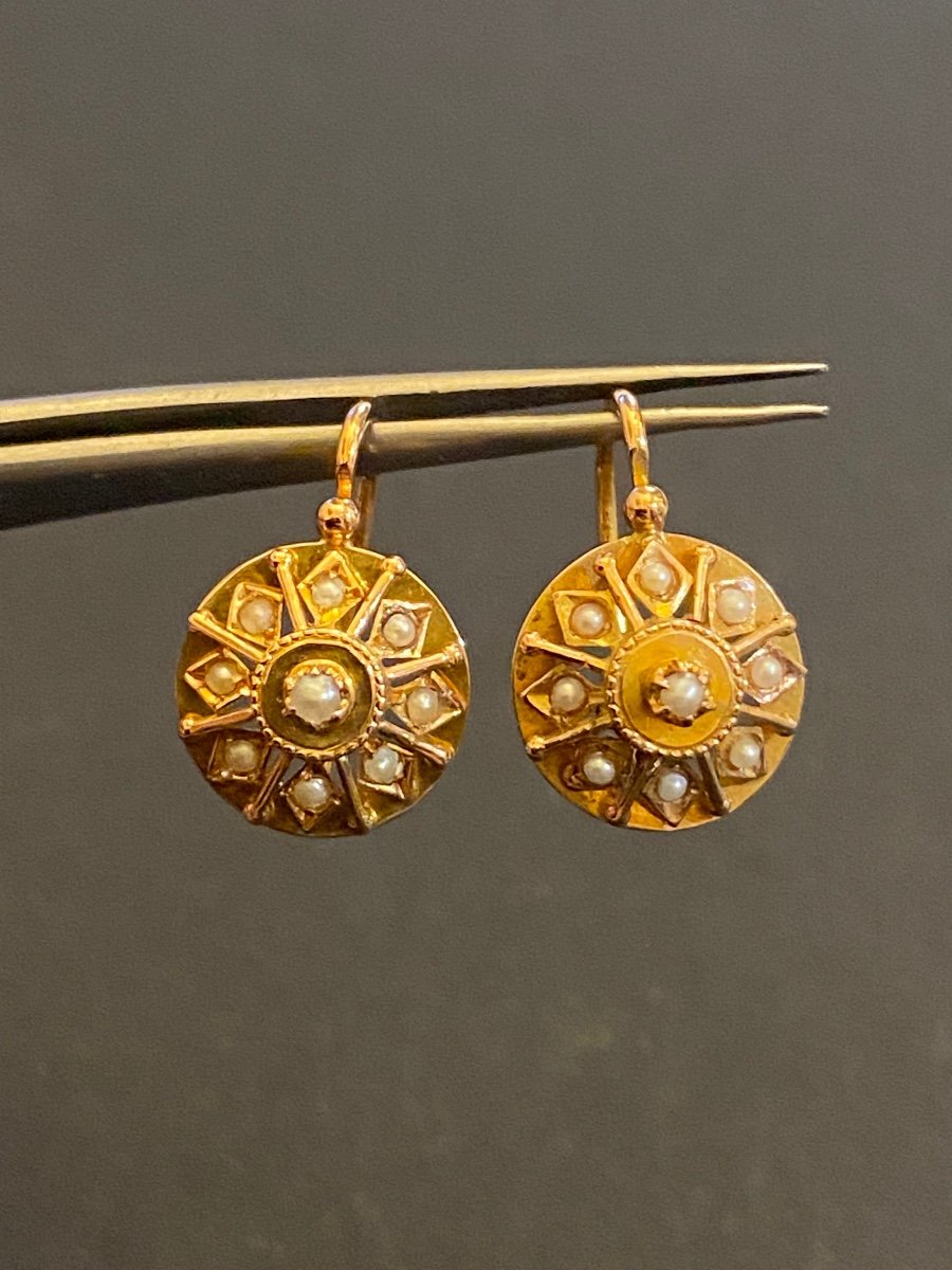 Ancienne Paire De Dormeuses En Or Et Perles  Fines