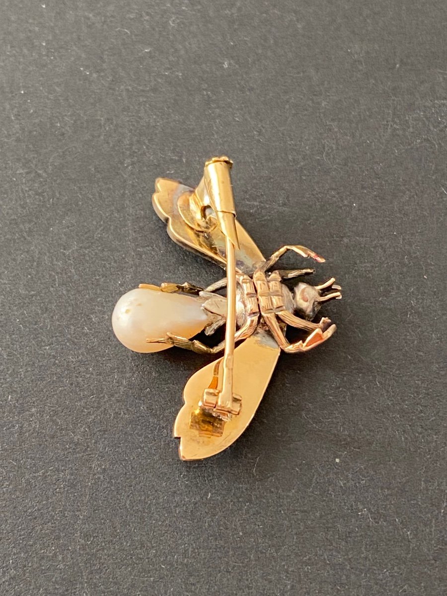 19th Century, Gold Bee Brooch, Fine Pearl And Diamonds -photo-4