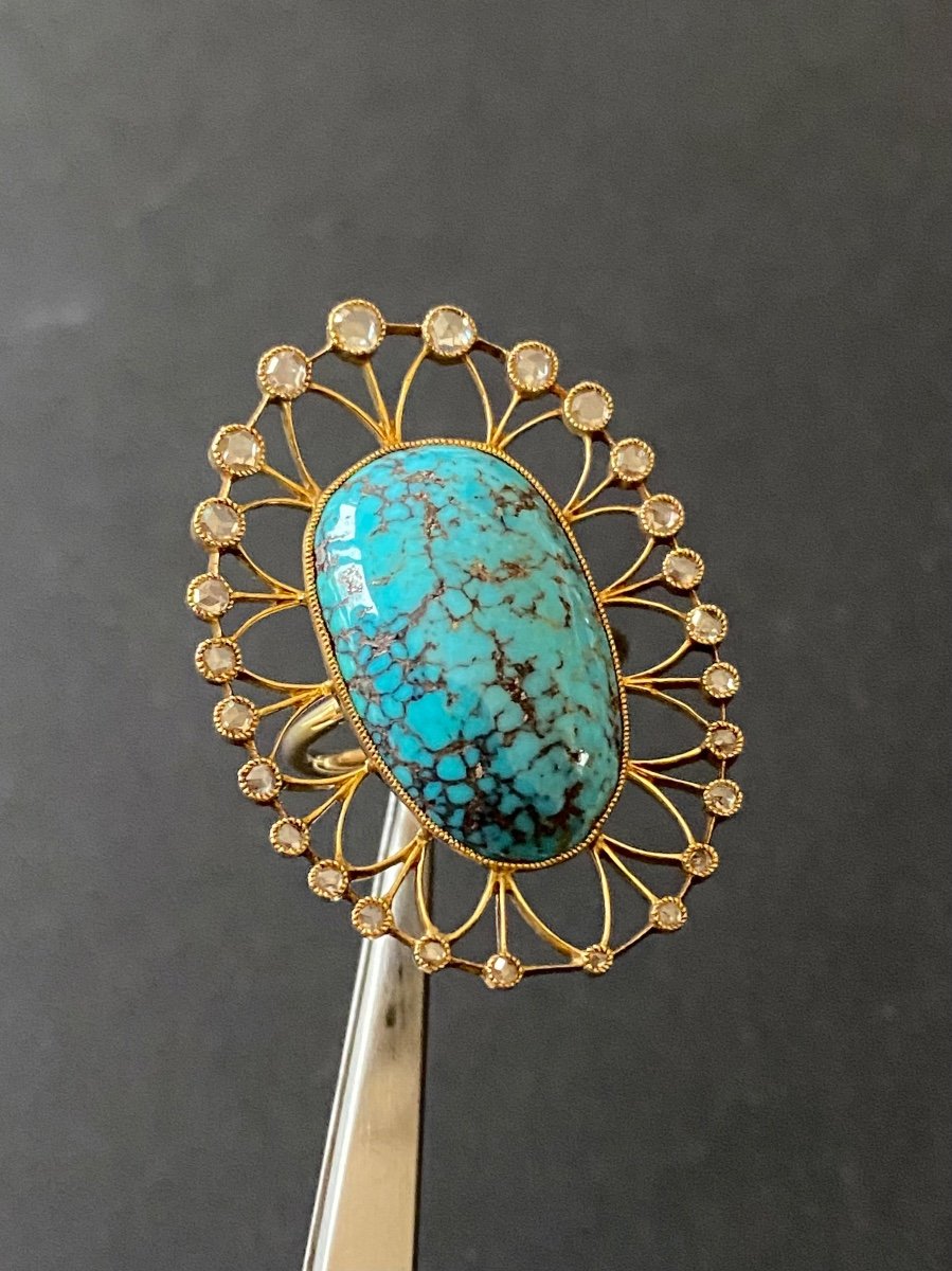 Bague En Or , Turquoise Et Diamants Taille En Rose -photo-4