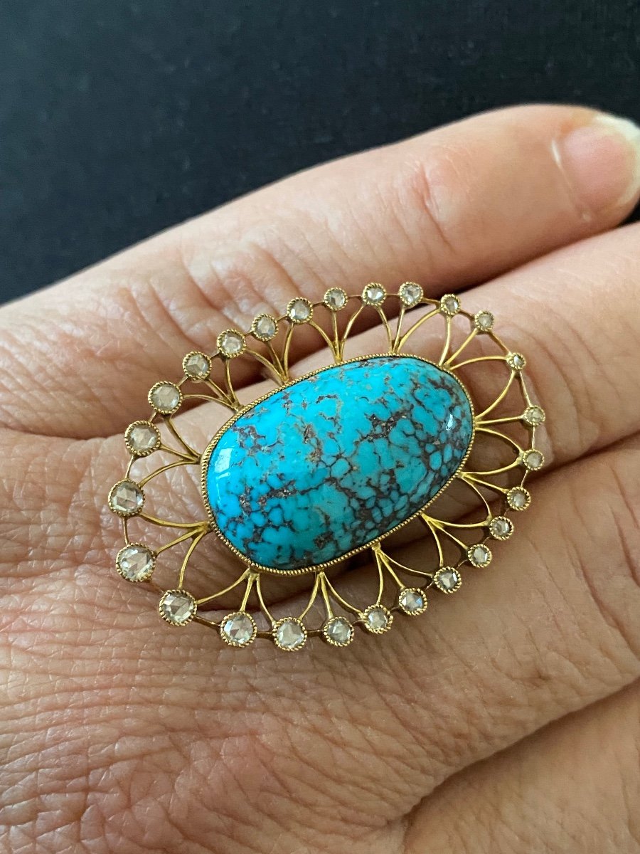 Bague En Or , Turquoise Et Diamants Taille En Rose -photo-1