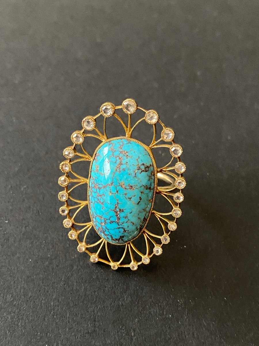 Bague En Or , Turquoise Et Diamants Taille En Rose -photo-3