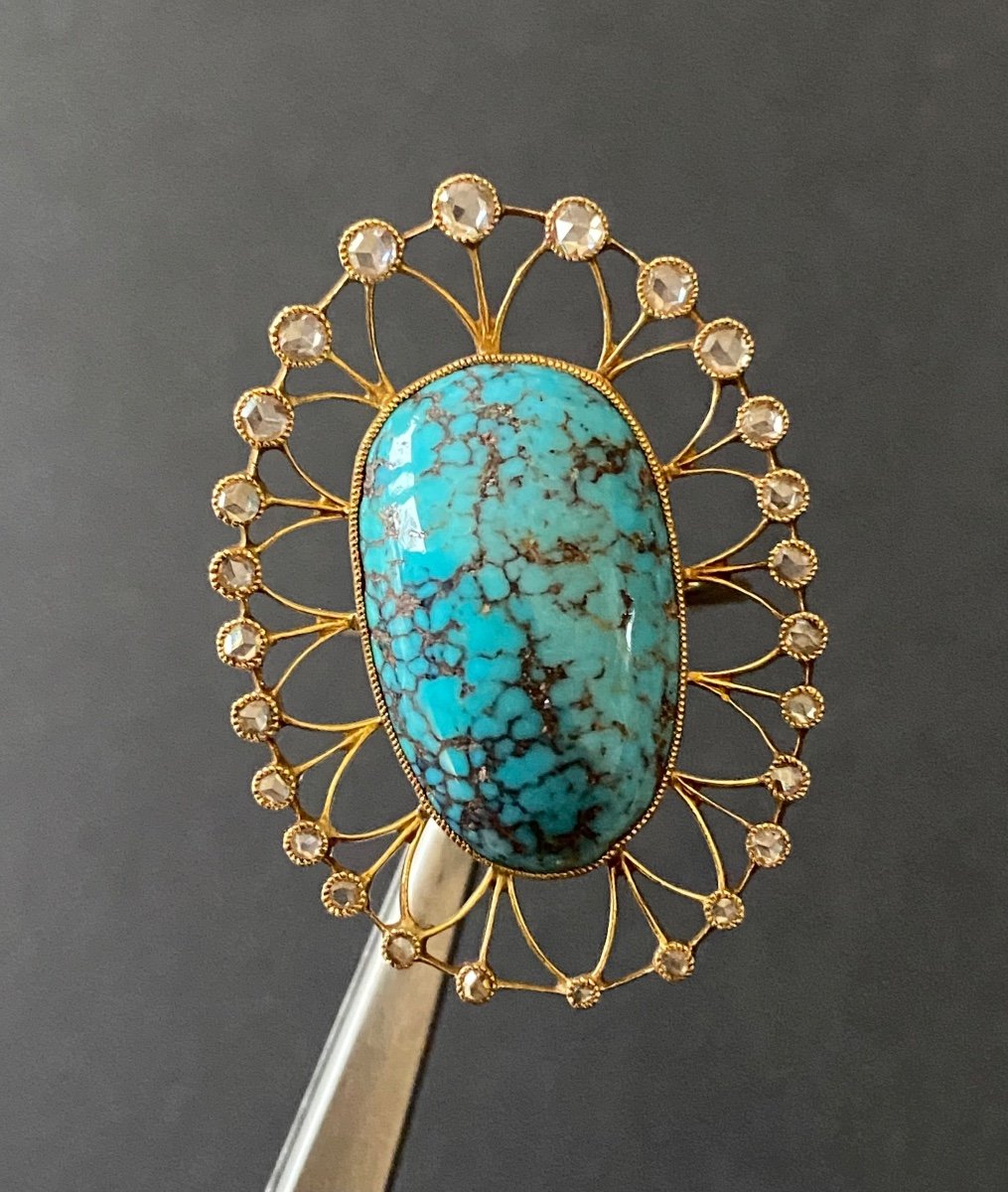 Bague En Or , Turquoise Et Diamants Taille En Rose -photo-5