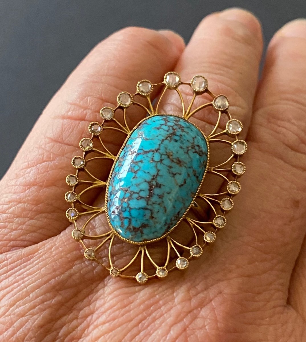 Bague En Or , Turquoise Et Diamants Taille En Rose -photo-7