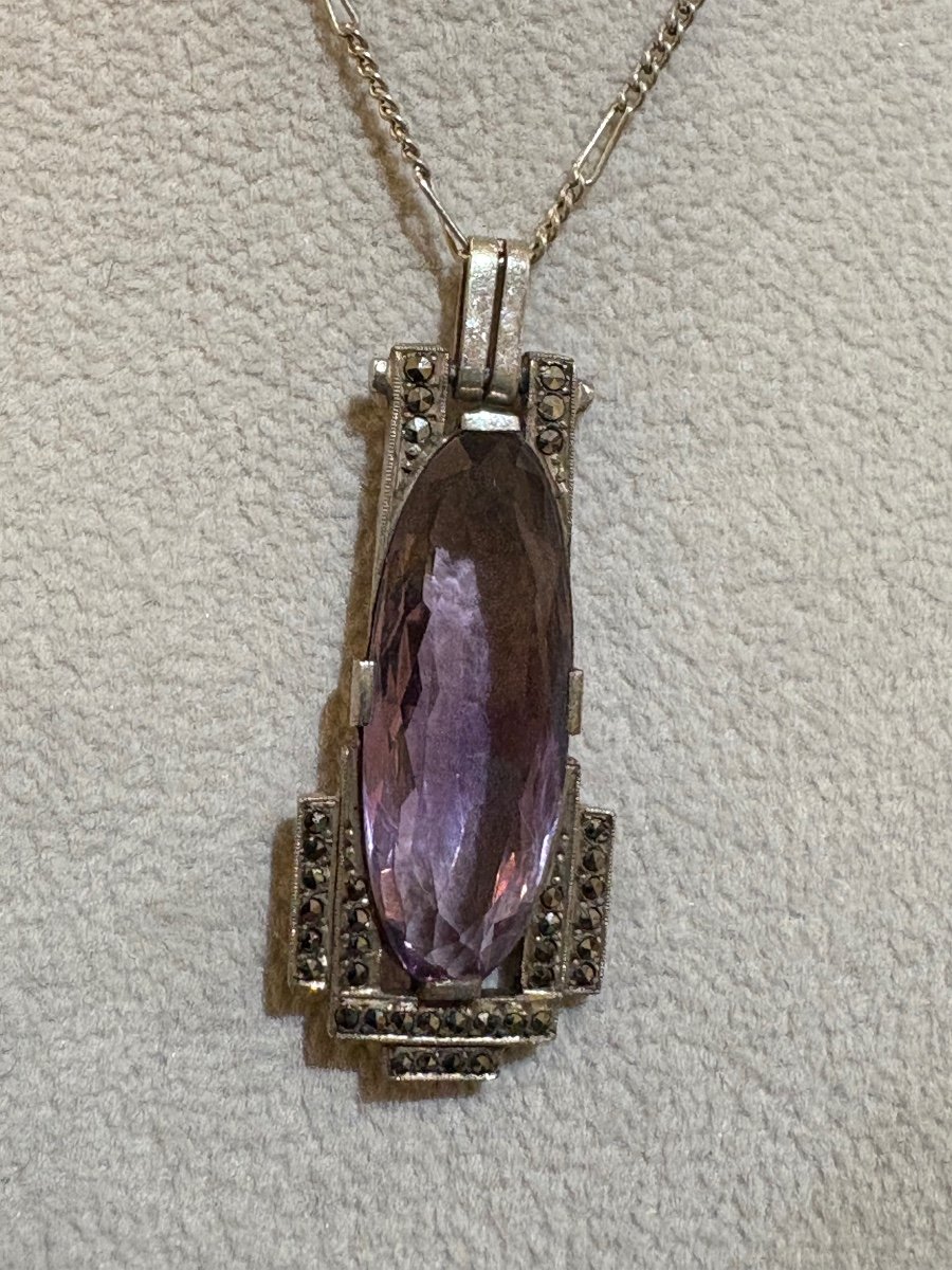 Art Deco: Silver, Amethyst And Marcasite Necklace. Circa 1930.-photo-4