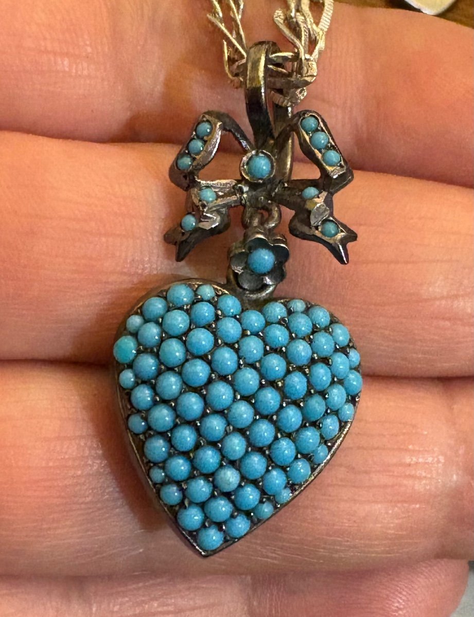 Ancien Pendentif Porte Photo En Argent Et Turquoises-photo-2