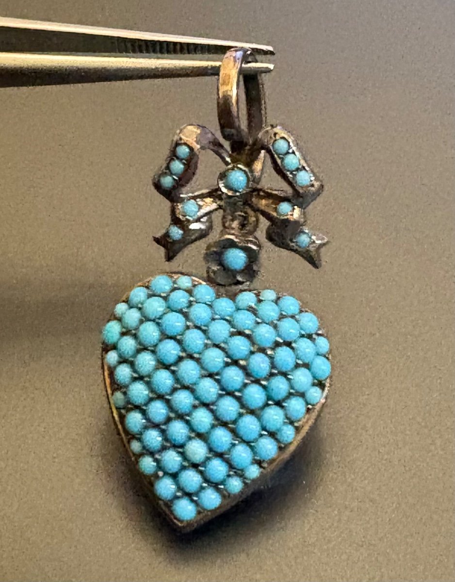 Ancien Pendentif Porte Photo En Argent Et Turquoises-photo-8