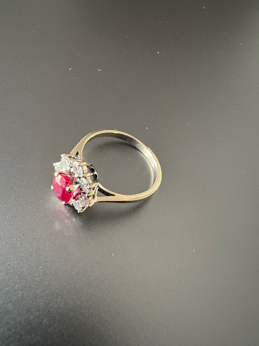 Marguerite Ring In 750/1000 White Gold, Rubies And Diamonds.-photo-3