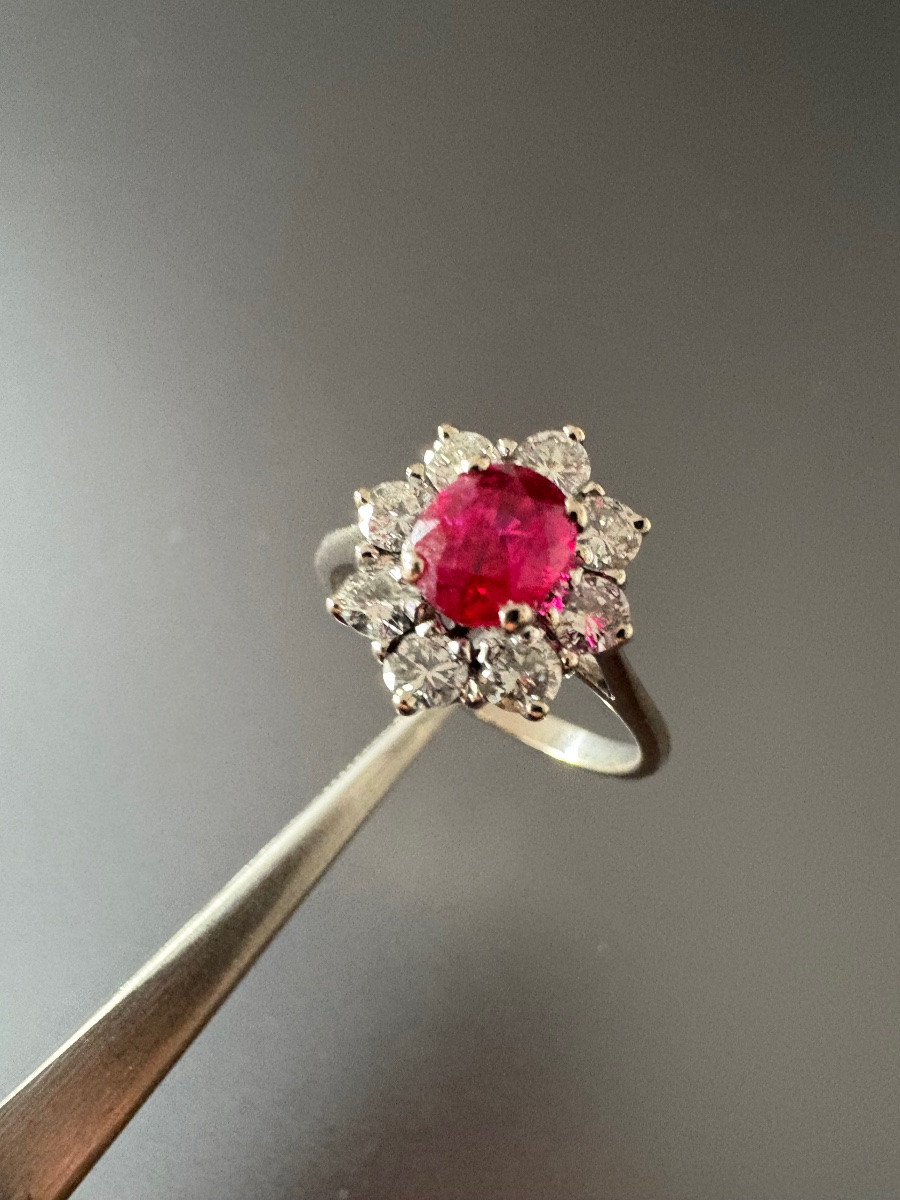 Marguerite Ring In 750/1000 White Gold, Rubies And Diamonds.-photo-3