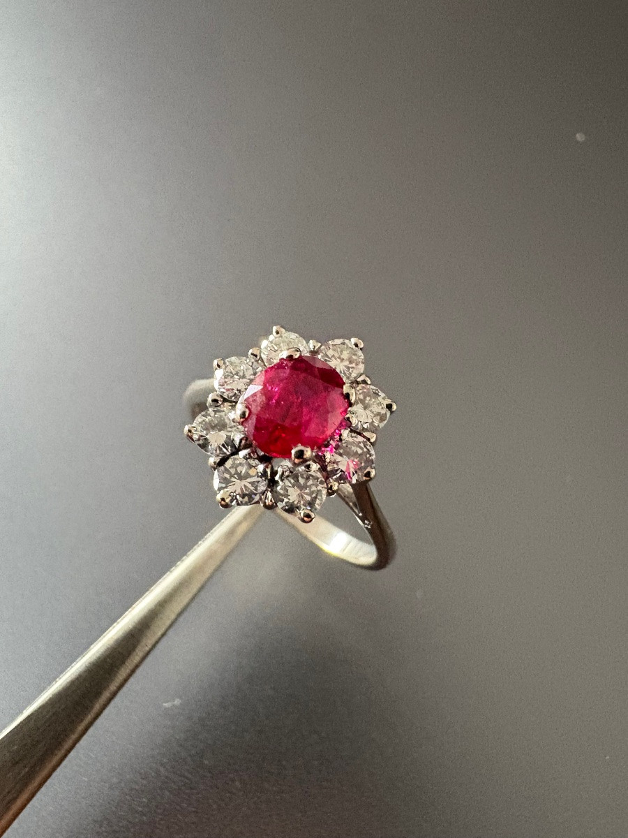 Marguerite Ring In 750/1000 White Gold, Rubies And Diamonds.-photo-5