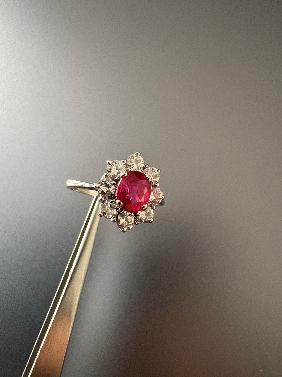 Marguerite Ring In 750/1000 White Gold, Rubies And Diamonds.-photo-6