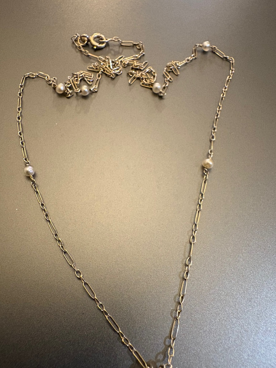 Chaine et pendentif en or gris 750/1000 eme, perles, opale et diamants.-photo-3