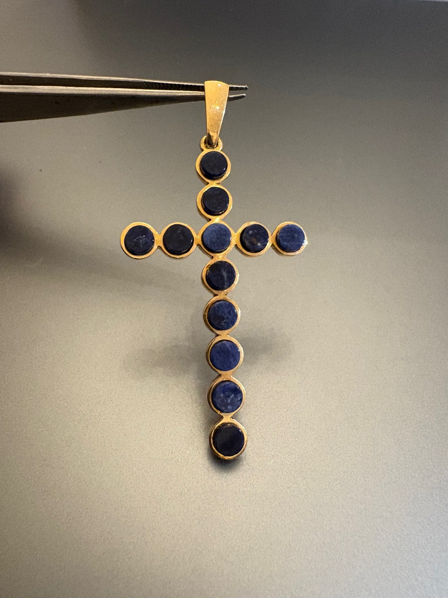Ancienne croix en or 750/1000 eme et lapis-lazuli -photo-4