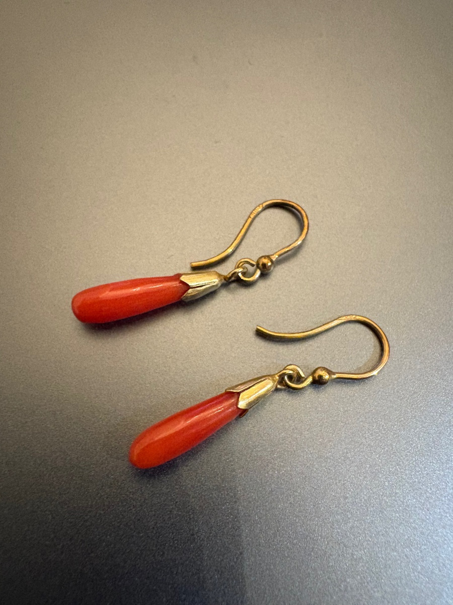 Antique Pair Of Vermeil And Red Coral Pendant Earrings