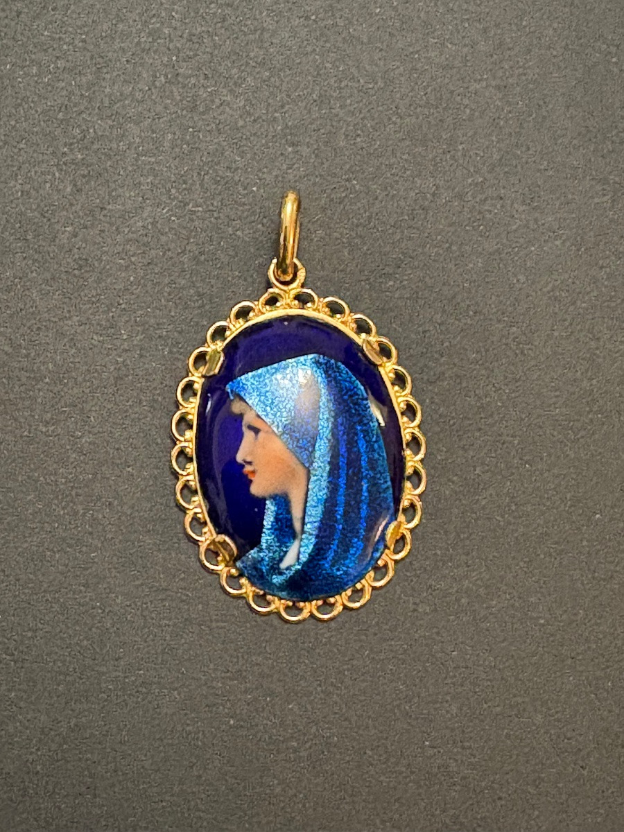 Ancien pendentif en or et  miniature en porcelaine de Limoges émaillé.-photo-2