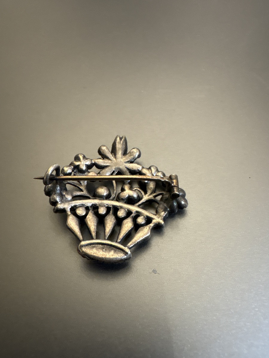 Art Nouveau: "basket Of Flowers" Brooch In 800/1000 Silver And Stones.-photo-2
