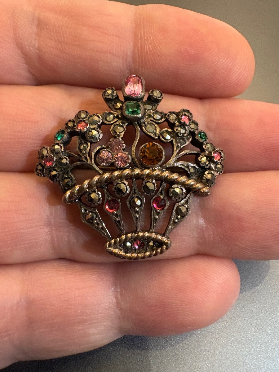 Art Nouveau: "basket Of Flowers" Brooch In 800/1000 Silver And Stones.-photo-3