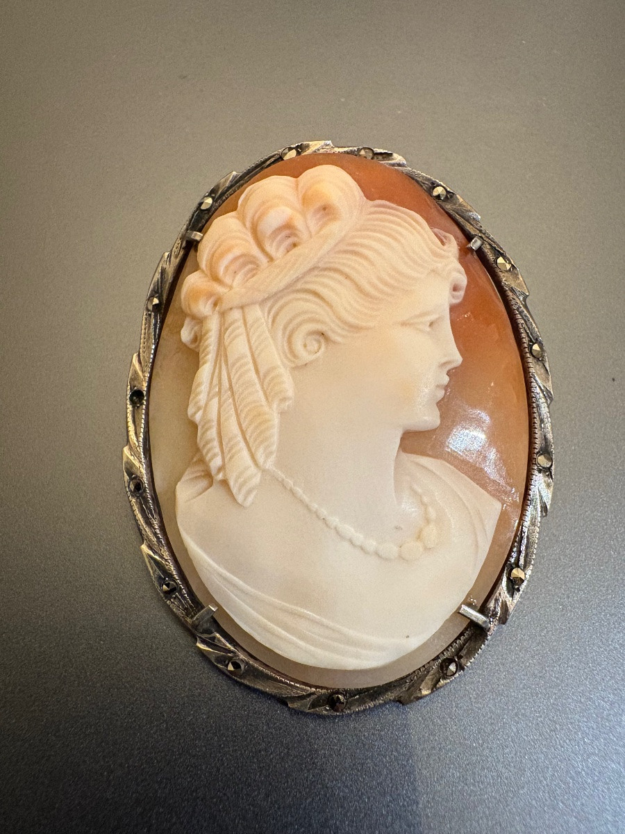 Broche-pendentif en argent et camée coquille.-photo-4