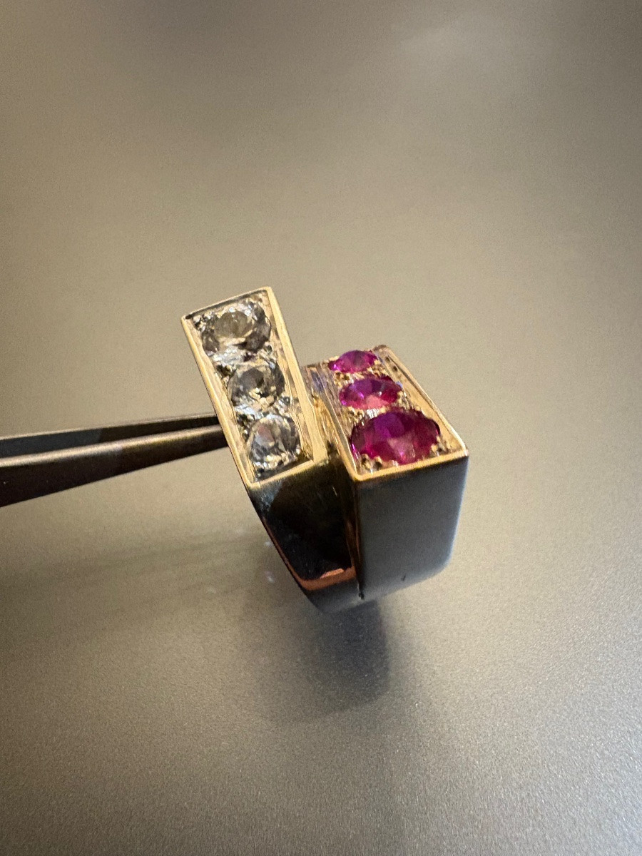 Tank Ring In 800/1000 Silver With Red And White Stones.-photo-3