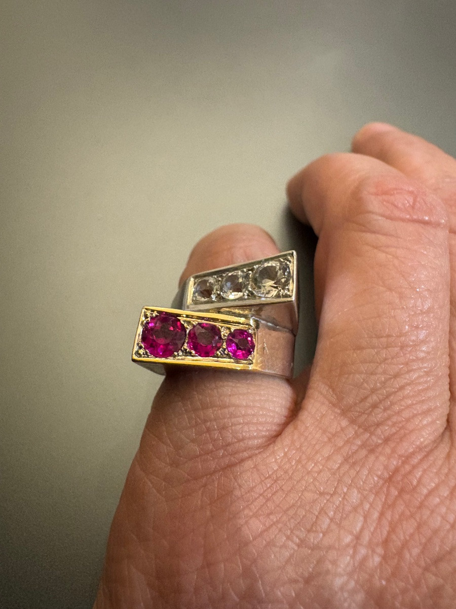 Tank Ring In 800/1000 Silver With Red And White Stones.-photo-4