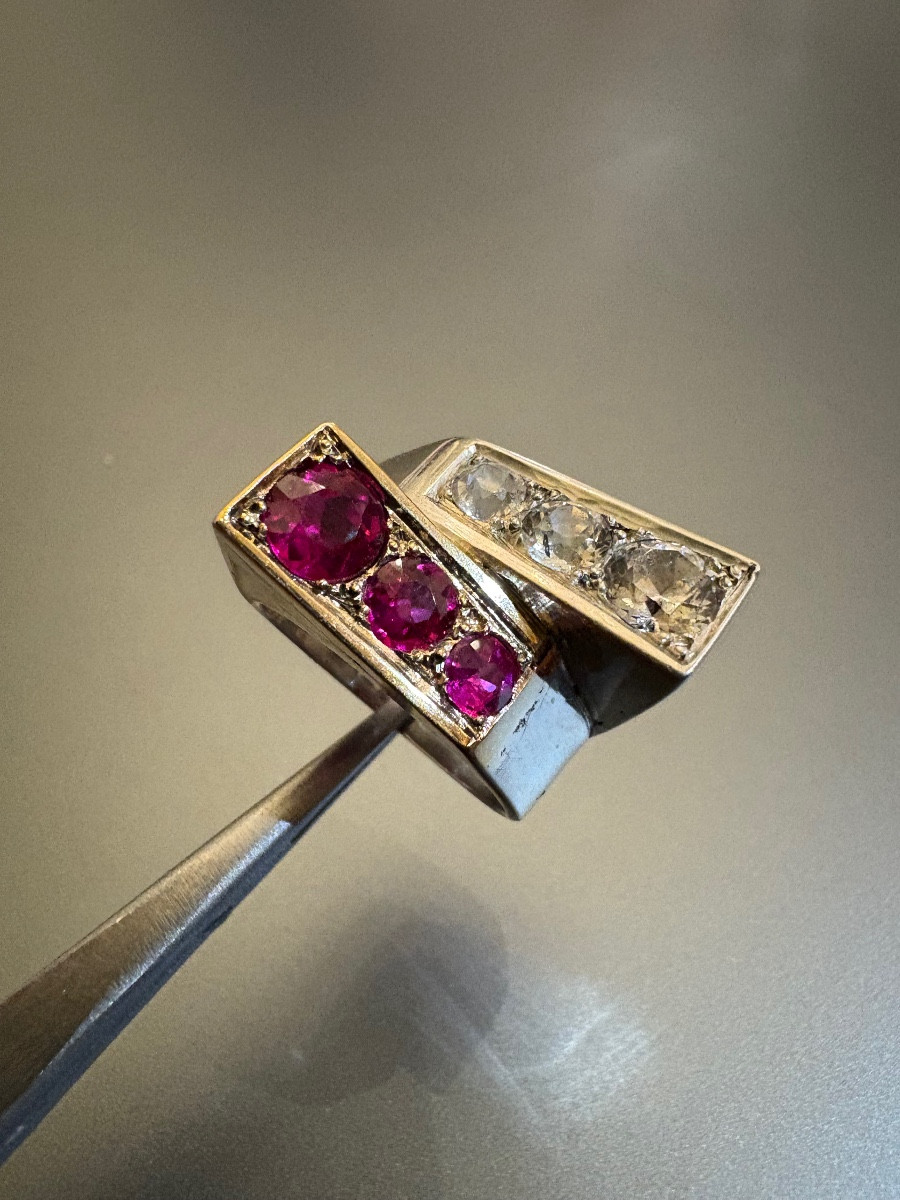 Tank Ring In 800/1000 Silver With Red And White Stones.-photo-3