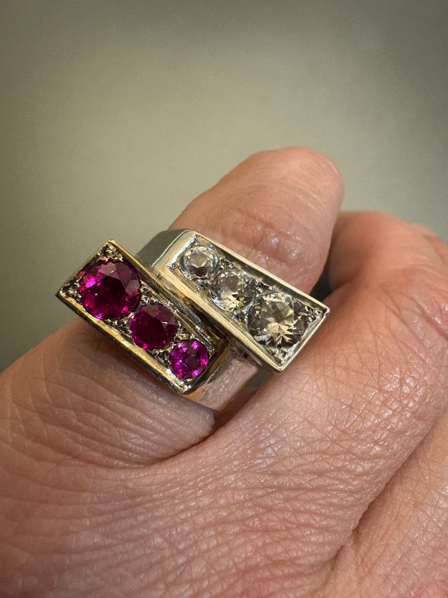 Tank Ring In 800/1000 Silver With Red And White Stones.-photo-4