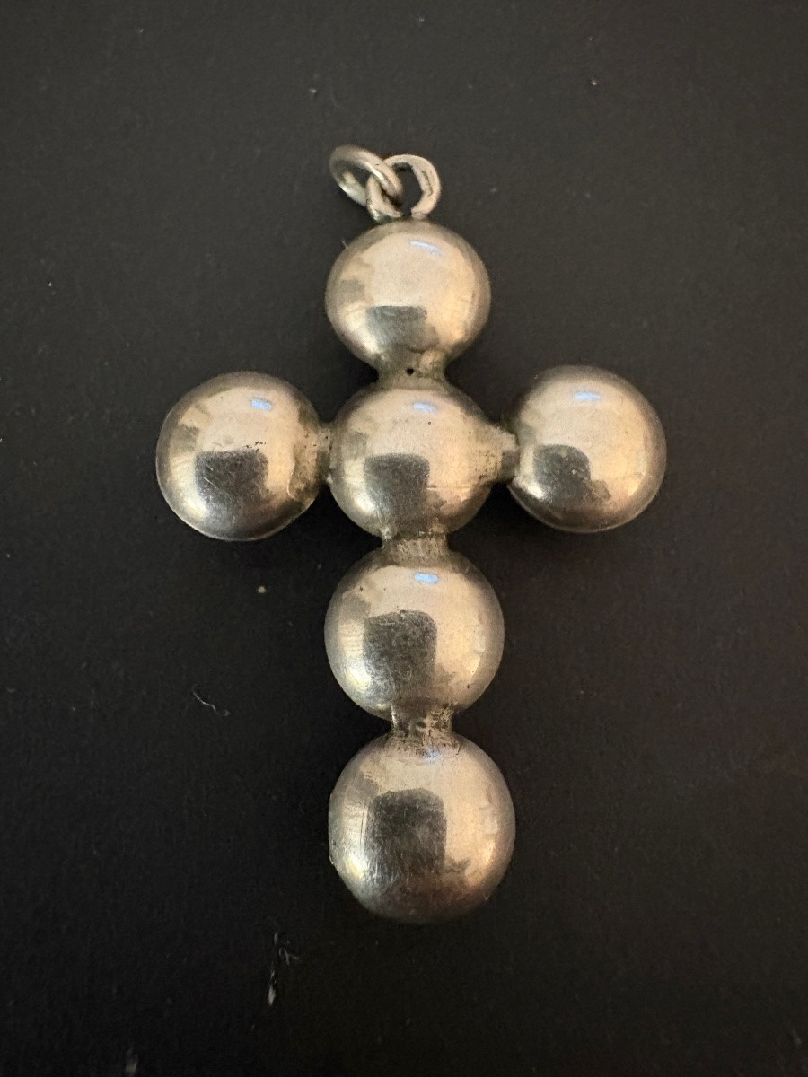 19th Century: Old Regional Cross In Silver And White Stones-photo-4