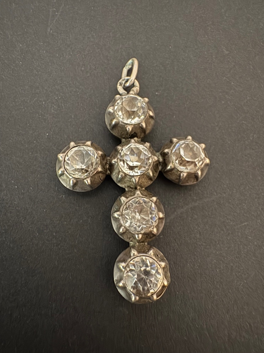 19th Century: Old Regional Cross In Silver And White Stones-photo-1