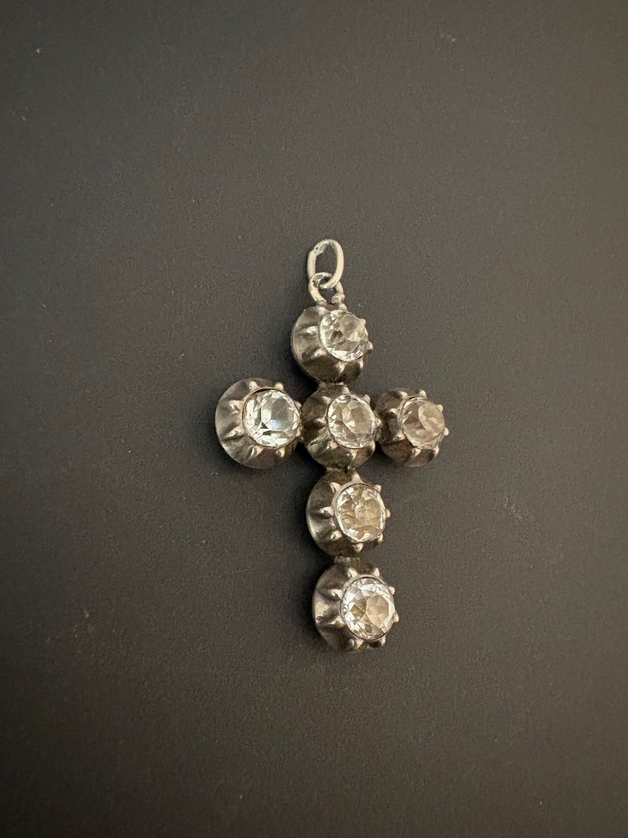 19th Century: Old Regional Cross In Silver And White Stones-photo-2