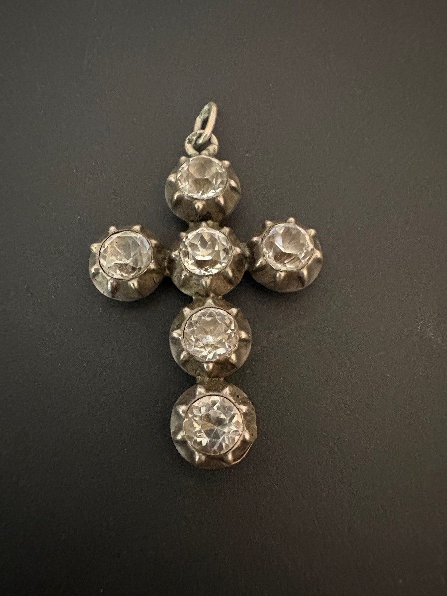 19th Century: Old Regional Cross In Silver And White Stones-photo-3