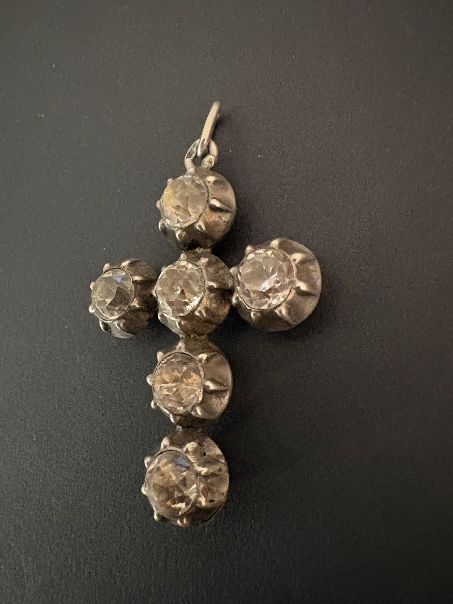 19th Century: Old Regional Cross In Silver And White Stones-photo-4